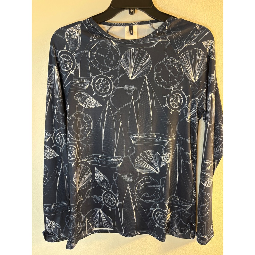 Nautica Navy Blue Nautical Sailboat Print Long Sleeve Rash Guard Swim Top Medium